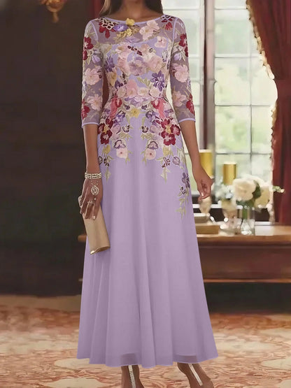 Romantic A-Line Bateau Neck Three-Quarter-Sleeve Illusion-Back Floor-Length Mother of the Bride Dresses