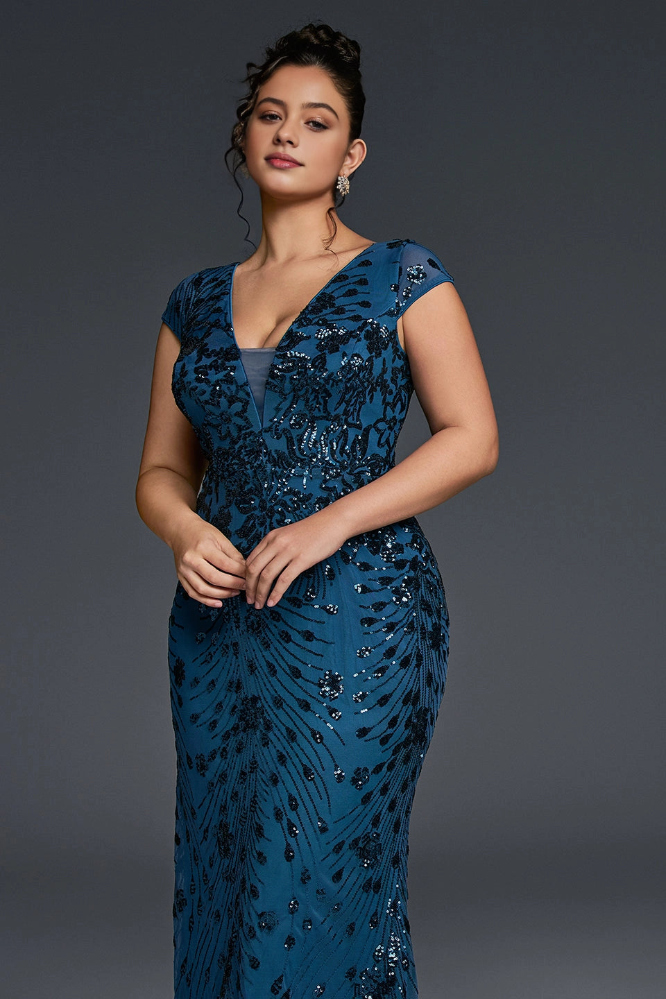Slim Mermaid Deep V Cap-Sleeve V-Back Floor-Length Plus Size Mother Of Bride Dress