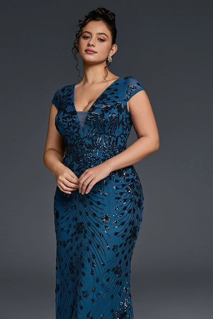 Slim Mermaid Deep V Cap-Sleeve V-Back Floor-Length Plus Size Mother Of Bride Dress