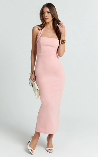 Elegant Sheath Halter Plunge Open Back Zipper Back Plus Size Slit Midi Wedding Guest Dress