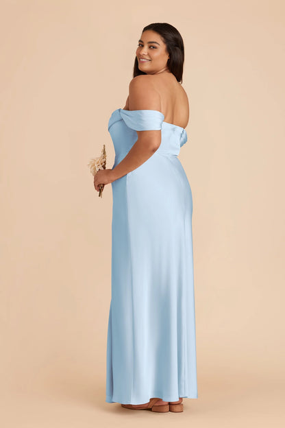 Luxury Satin Sheath Off‑The‑Shoulder Short Sleeve Open Back Slit Maxi Plus Size Bridesmaid Dress