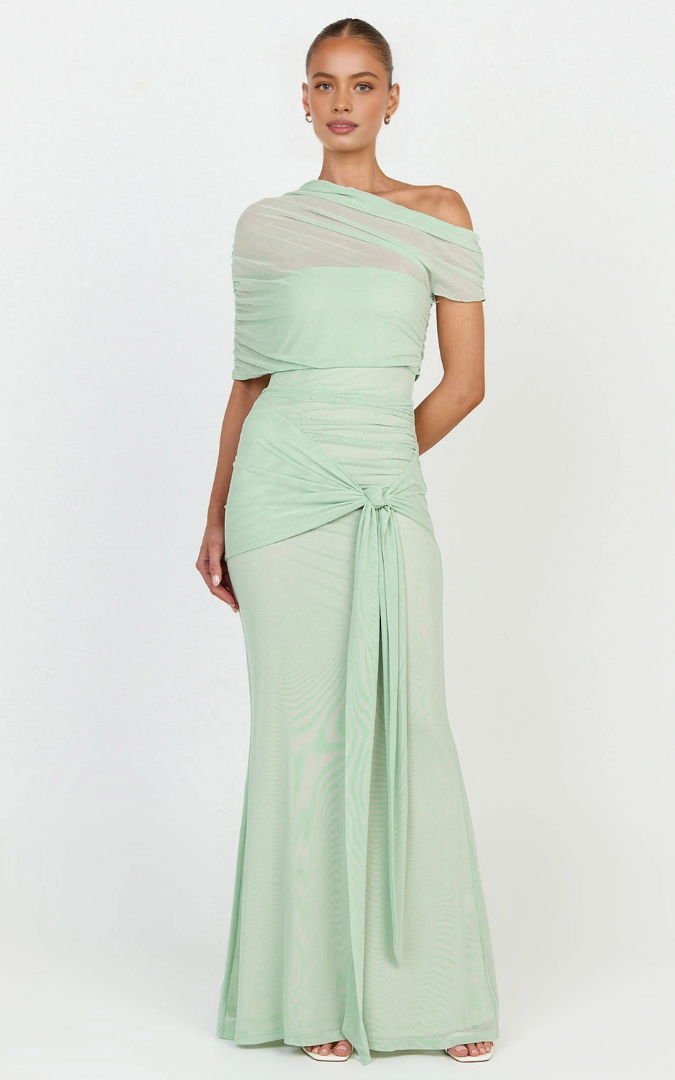 Romantic Mermaid One Shoulder Mesh Short Sleeve Open Back Tie Waist Plus Size Maxi Wedding Guest Dress