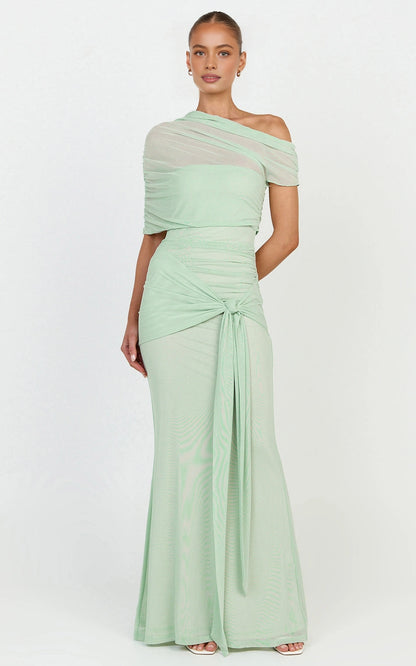 Romantic Mermaid One Shoulder Mesh Short Sleeve Open Back Tie Waist Plus Size Maxi Wedding Guest Dress