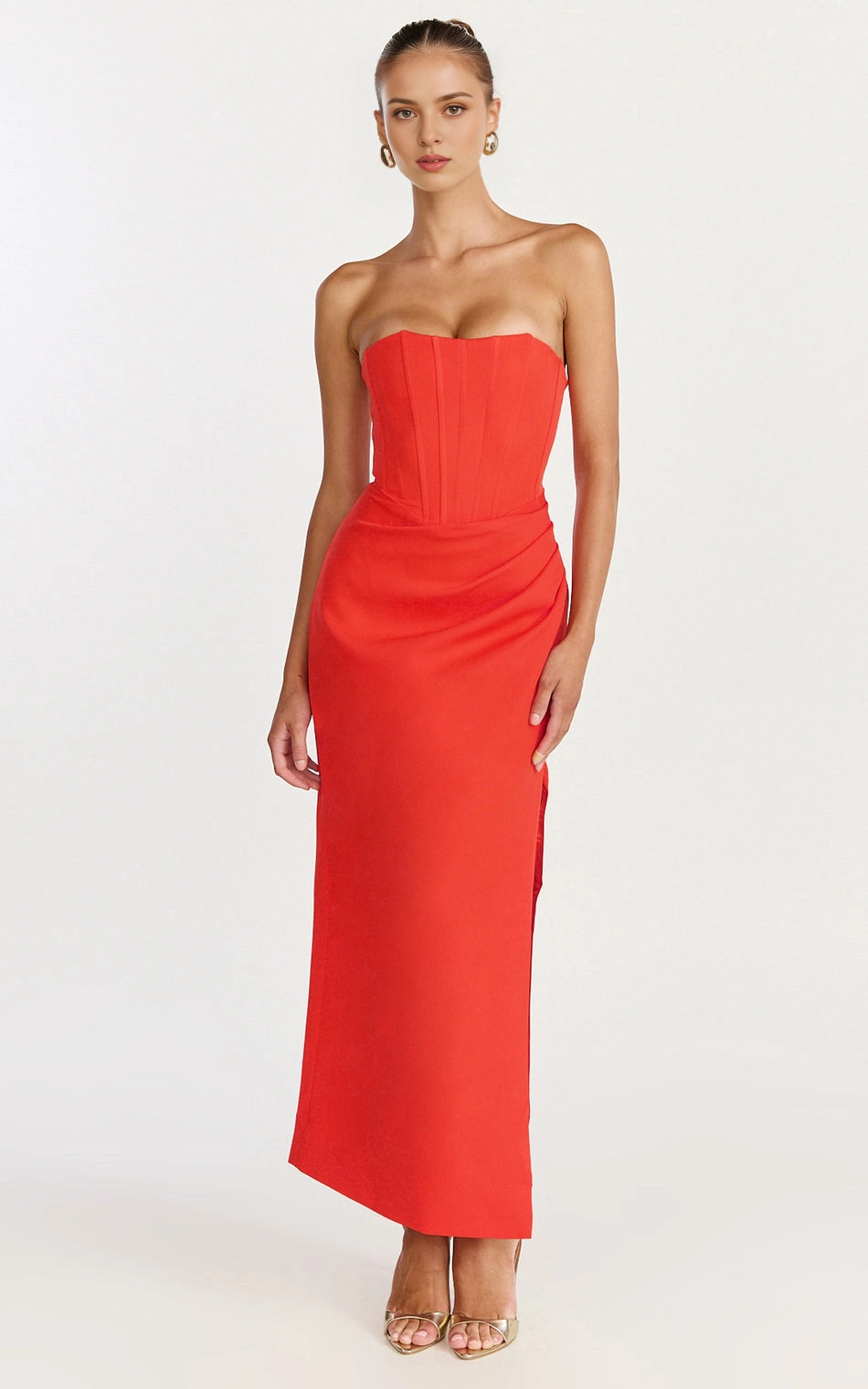 Sleek Sheath Strapless Straight Back Zipper Back Plus Size Corset Slit Midi Prom Dress