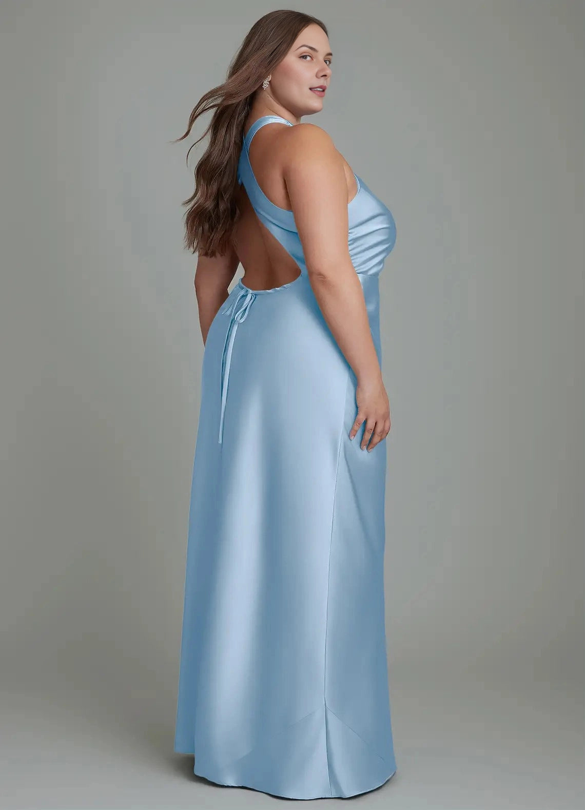 Chocolat Plus Sizee Satin Mermaid Halter Sleeveless Open Back Maxi Bridesmaid Dress