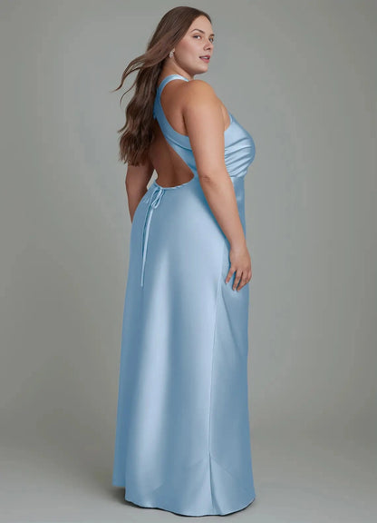 Chocolat Plus Sizee Satin Mermaid Halter Sleeveless Open Back Maxi Bridesmaid Dress