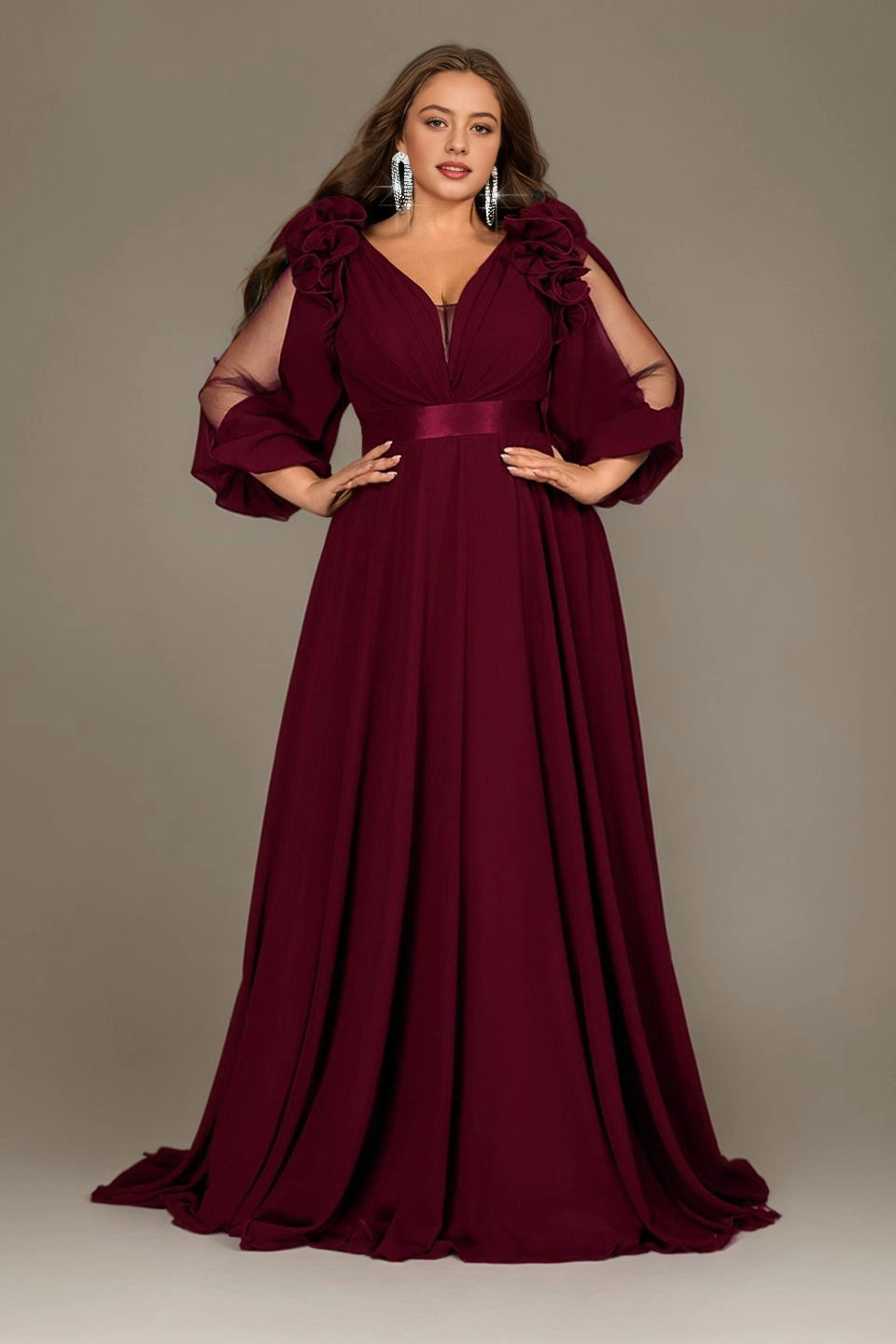 Roselledress burgundy plus size evening gown deep v floral shoulder split sheer sleeve front view