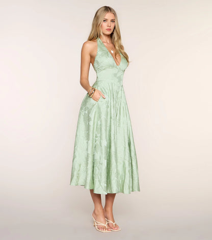 Roselledress Soft A-Line Halter V Neck Lace-Up-Back Midi Tea Length Plus Size Prom Dress