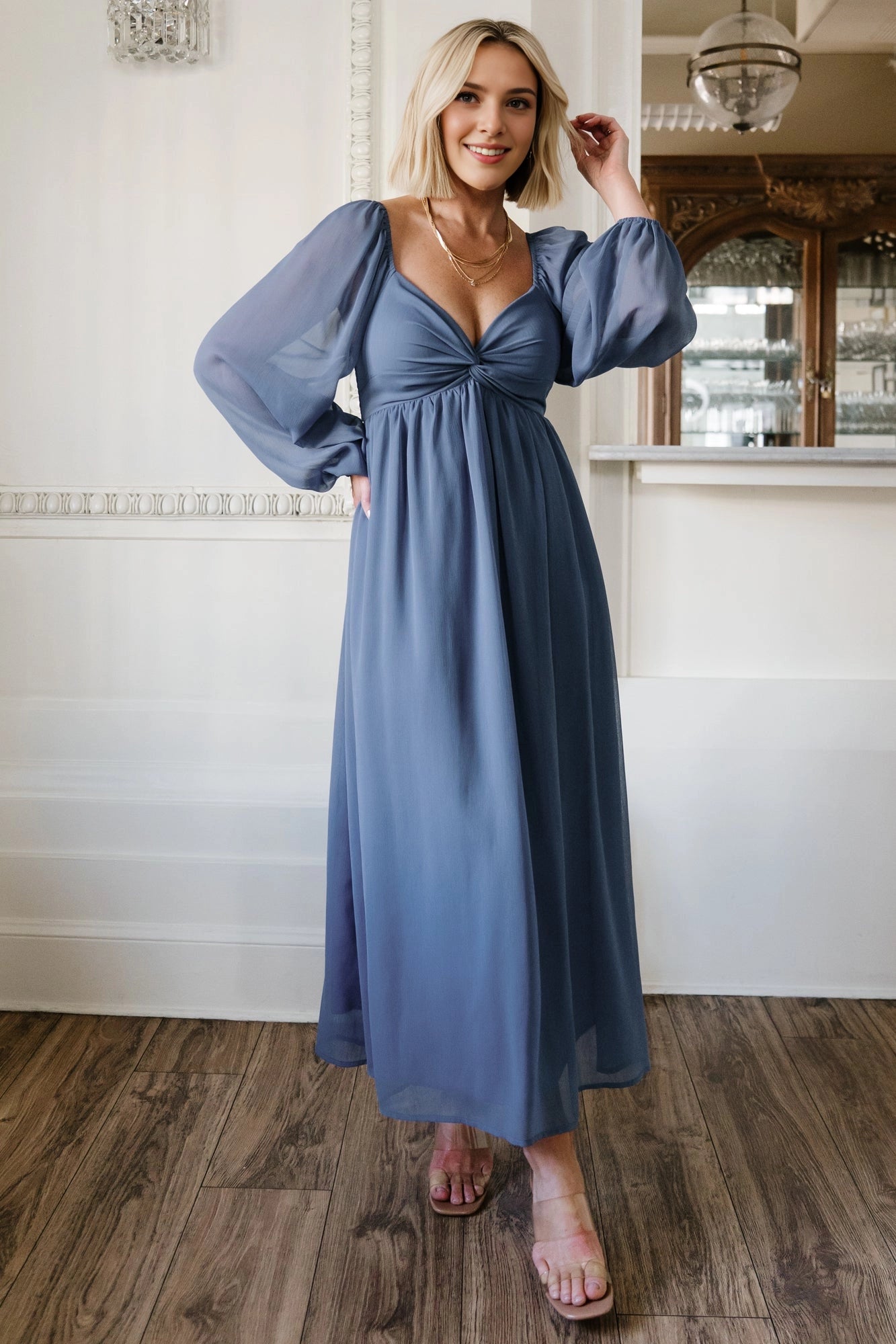 Flowy Midi V-Neck Twist Long Sleeve Smocked-Back Mother Of Bride Dress