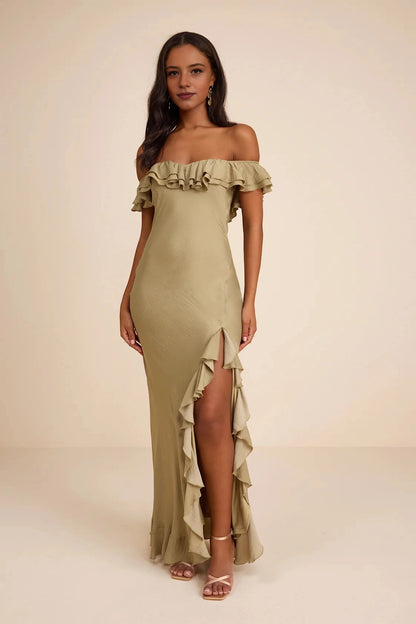 roselledress muted olive green crinkled textured fabric double flounce off shoulder ruffle neck side high slit layered ruffle trim mermaid long boho bridesmaid gown neutral beige studio full front shot