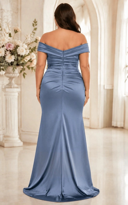 Dusty blue plus size off shoulder low back ruched zipper long satin evening dress back view