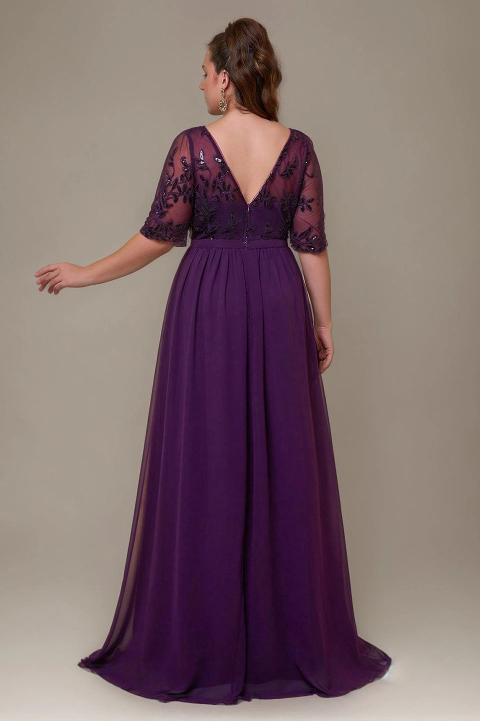 Flowy A-Line V-Neck Mid-Sleeve V-Back Floor-Length plus size Mother Of Bride Dress