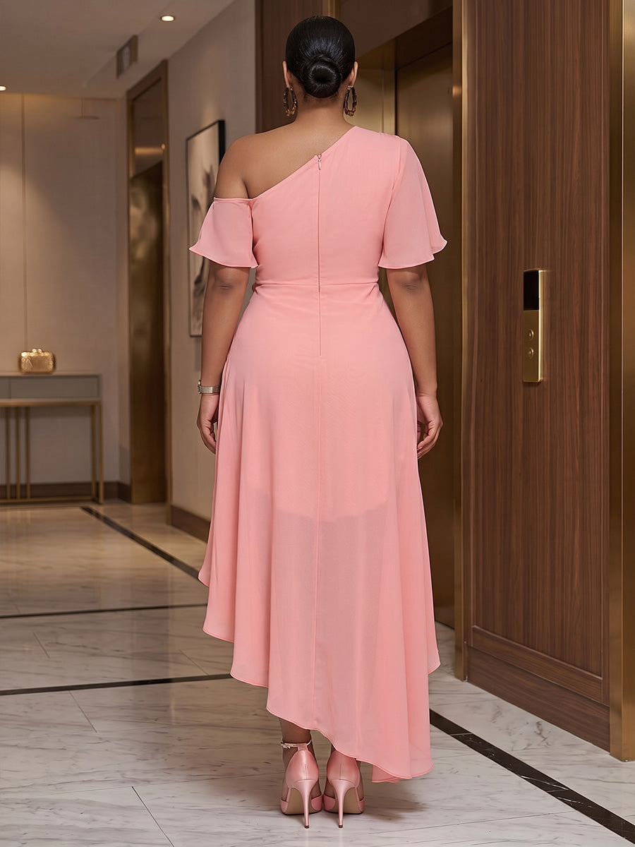 Model wearing roselledress blush chiffon hi‑low wedding guest dress invisible zip back one‑shoulder rear view