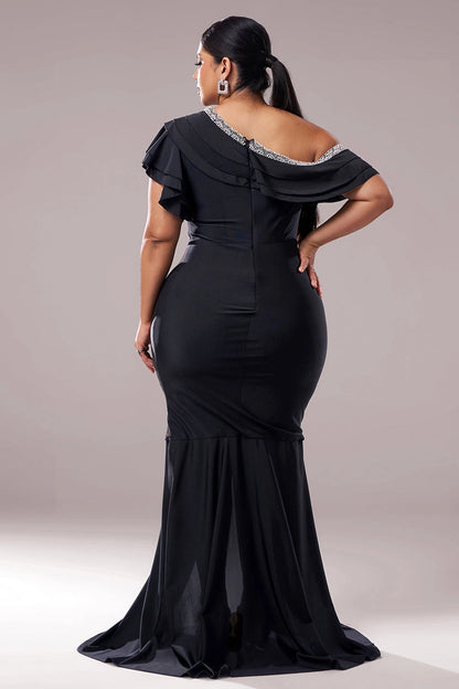 dress plus size black stretch formal dress solid back ruffle off shoulder long evening gown