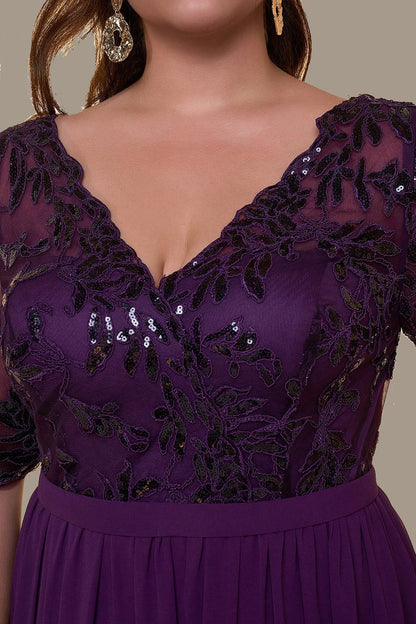 Flowy A-Line V-Neck Mid-Sleeve V-Back Floor-Length plus size Mother Of Bride Dress