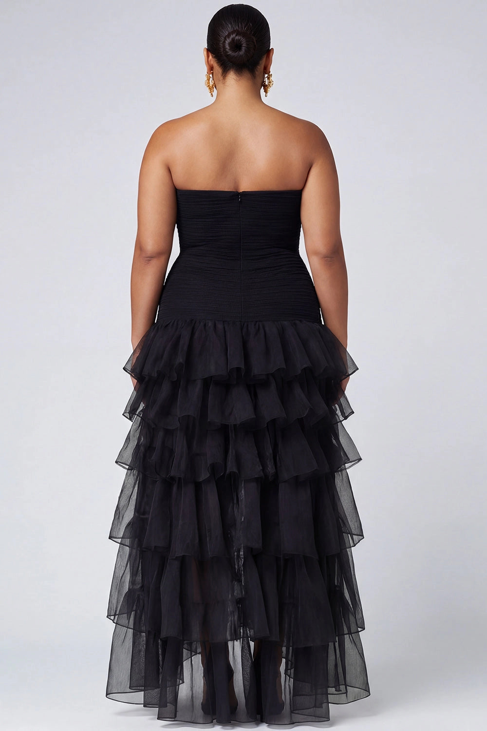 dress plus size black strapless tulle formal dress straight back ruffle layered evening gown