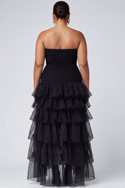 dress plus size black strapless tulle formal dress straight back ruffle layered evening gown