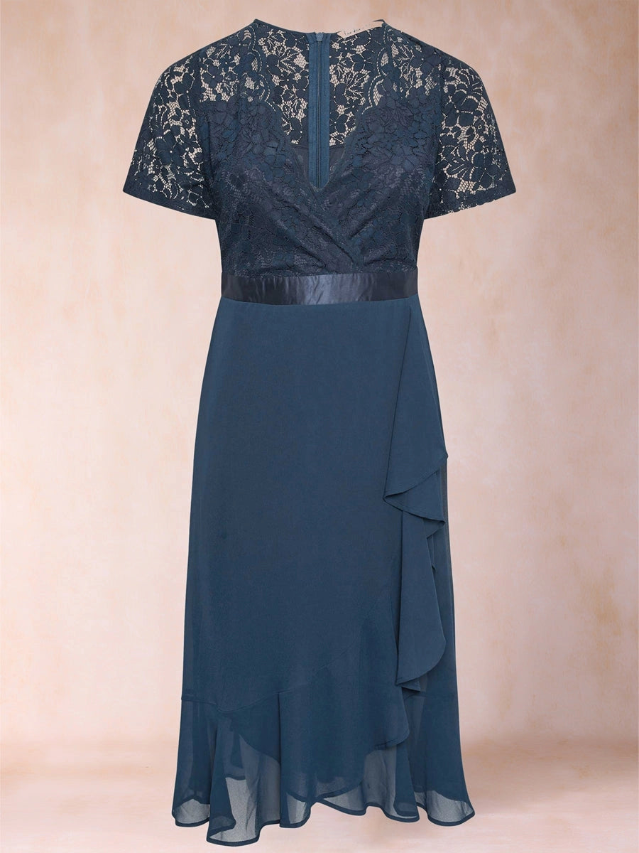 roselledress curvy dark blue lace mix chiffon dress hidden zip back irregular hem formal mother outfit
