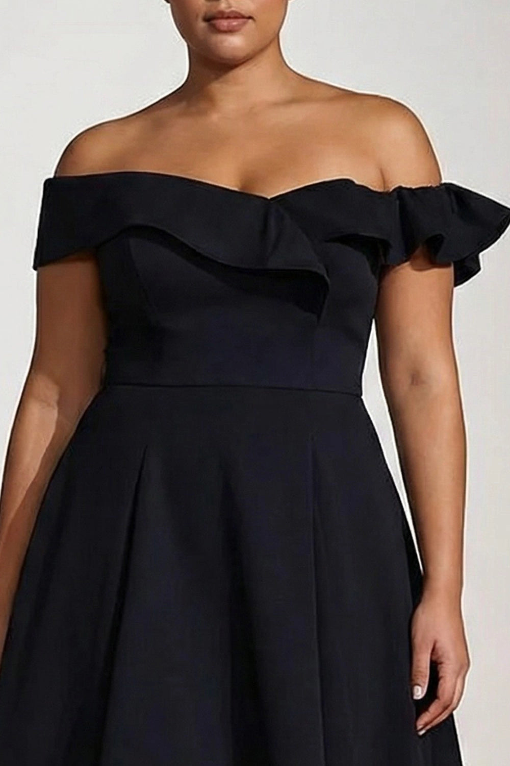 Black Plus Size A-Line Off Shoulder Short Sleeve Solid Back Hi-Lo Prom Dress