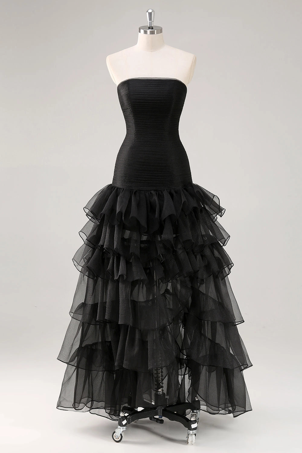 Black Plus Size A-Line Strapless Straight Back Hi-Lo Long Prom Dress 
