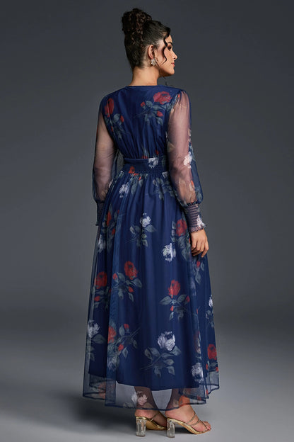 Roselledress printed mesh casual formal dress solid plain back curvy guest gown rear view