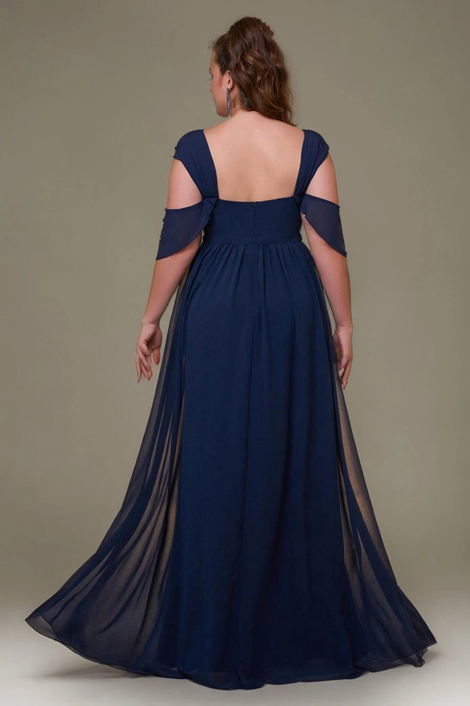 back view dark blue curvy chiffon evening dress open square back zip cold shoulder wedding gown