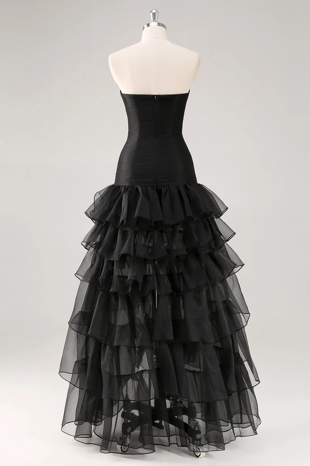 Black Plus Size A-Line Strapless Straight Back Hi-Lo Long Prom Dress 