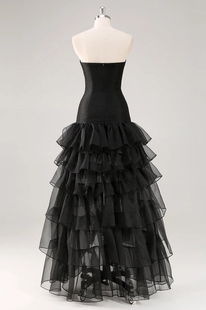 Black Plus Size A-Line Strapless Straight Back Hi-Lo Long Prom Dress 