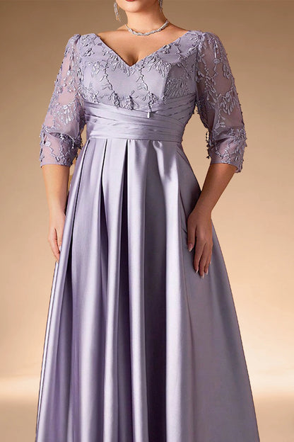 Dusty Lavender Plus Size A‑Line V‑Neck 3/4‑Sleeve V‑Back Zip‑Back Floor‑Length Prom Dress