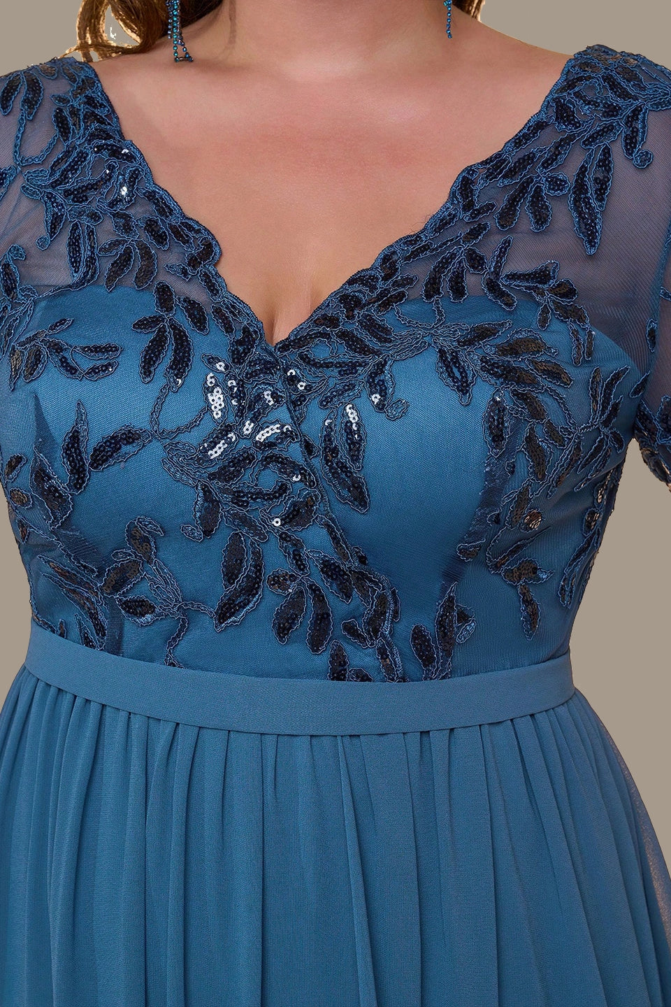 Flowy A-Line V-Neck Mid-Sleeve V-Back Floor-Length plus size Mother Of Bride Dress