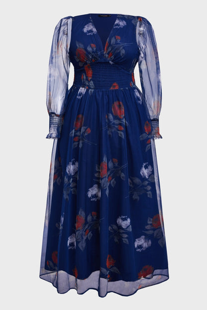 Flowy A-Line Deep V Sheer-Sleeve Plain-Back Midi Plus Size Floral Mother Of Bride Dress