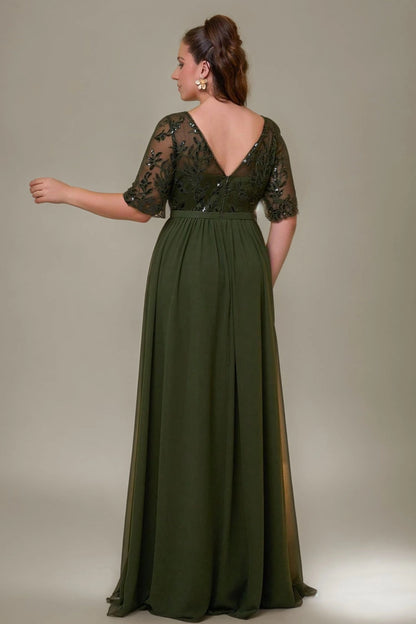 Flowy A-Line V-Neck Mid-Sleeve V-Back Floor-Length plus size Mother Of Bride Dress