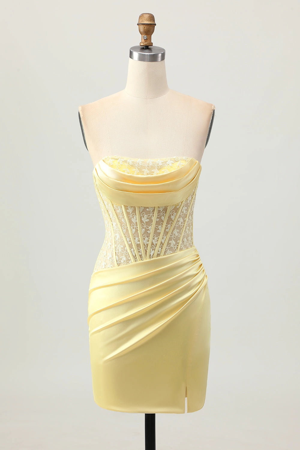 RoselleDress pale yellow strapless corset mini homecoming dress cowl lace satin slit party gown
