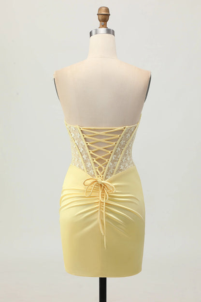 Back view RoselleDress pale yellow lace up back corset mini dress lace homecoming gown