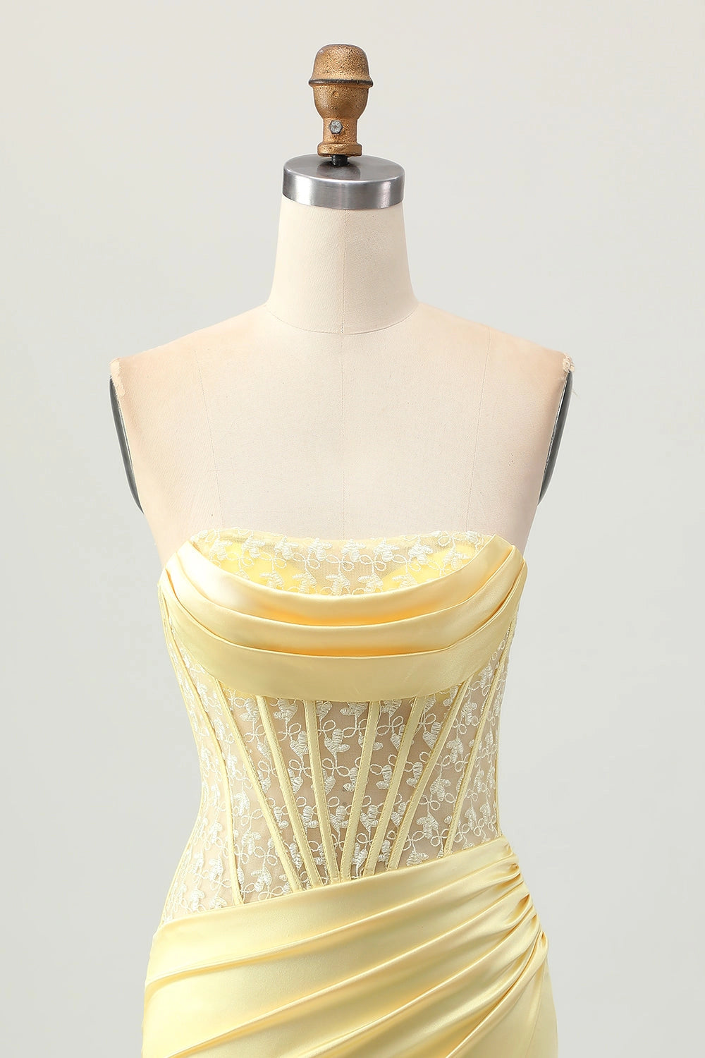 Pale Yellow Bodycon Cowl Strapless Lace Up Back Mini Homecoming Dress