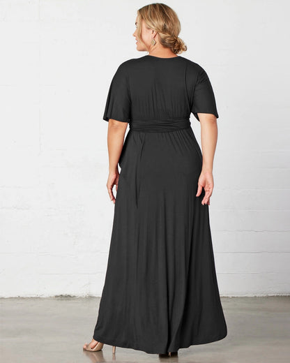 Elegant Plus Size A-Line V-Neck Flutter Sleeve Closed Back Long Mother of the Bride Dress