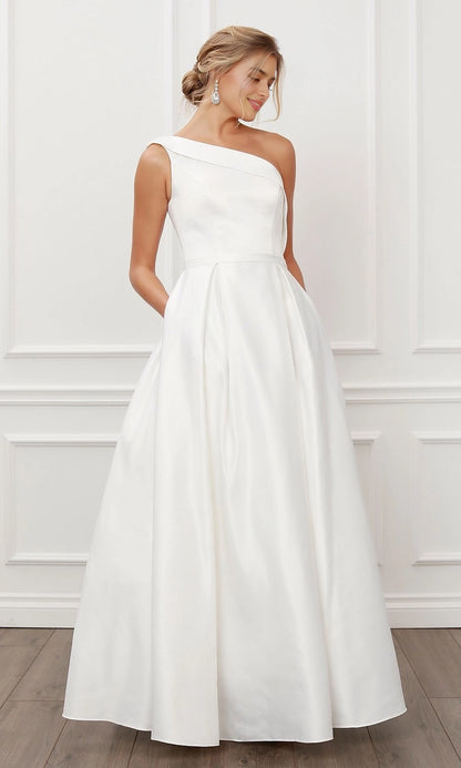 roselledress matte white heavy satin strapless straight square neck high waist a-line long wedding gown with side pockets minimalist white panel studio front full shot