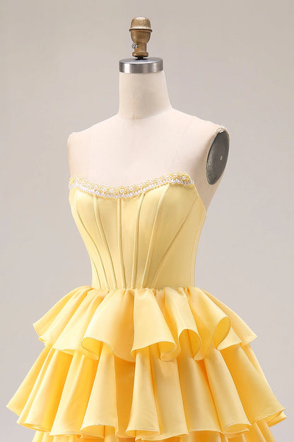 Yellow Ballgown Strapless Tube Sleeveless Lace Up Back Maxi Prom Dress