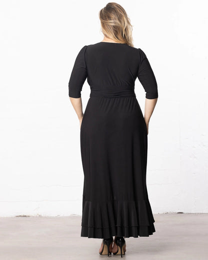 Elegant Wrap V‑Neck 3/4 Sleeve Ruffle‑Hem Floor‑Length Plus Size Wedding Guest Dress
