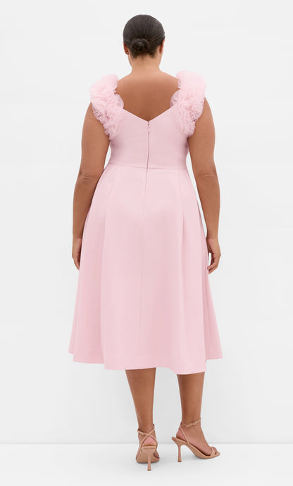 Roselle Dress plus size blush pink formal guest midi dress, v‑back, pleated skirt back view