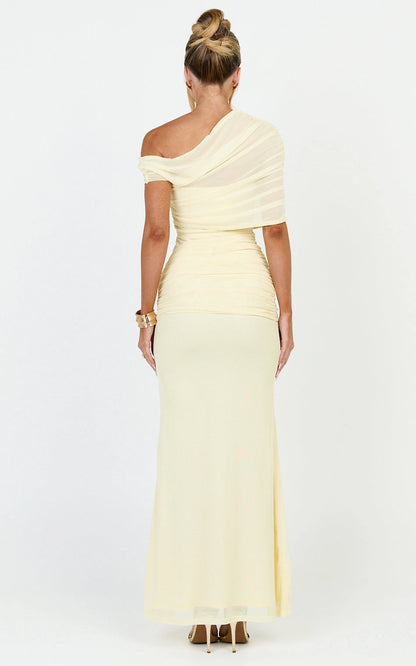 Romantic Mermaid One Shoulder Mesh Short Sleeve Open Back Tie Waist Plus Size Maxi Wedding Guest Dress