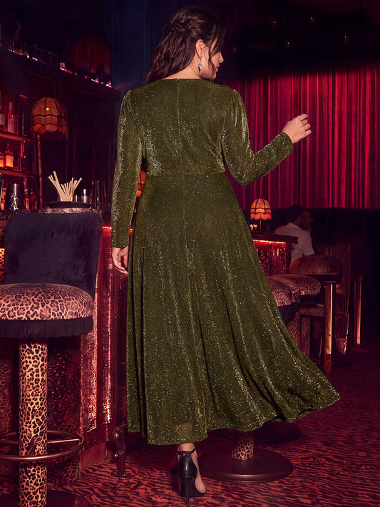 roselledress olive green gold shimmer midi mother of groom dress long sleeve waist twist full a‑line skirt plus size formal wedding guest gown back view