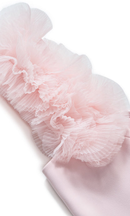 Blush Pink Tulle Ruffle Strap Midi Plus Size Wedding Guest Dress