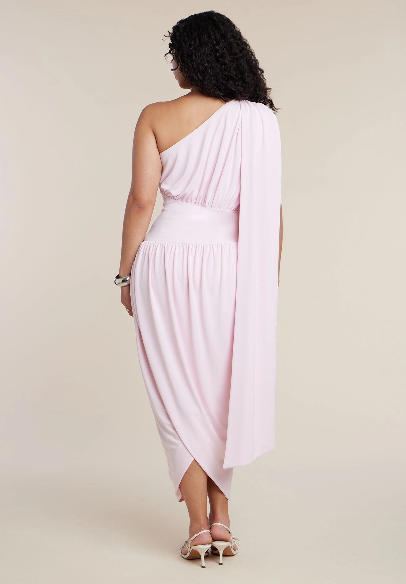 roselledress blush pink plus size one‑shoulder cape midi dress draped tulip wrap skirt soft jersey evening gown back view