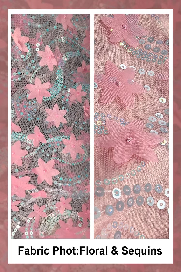 Roselledress Pink Mermaid V-Neck Flutter Sleeve Deep V Back 3D Flower Tulle Plus Size Prom Dress