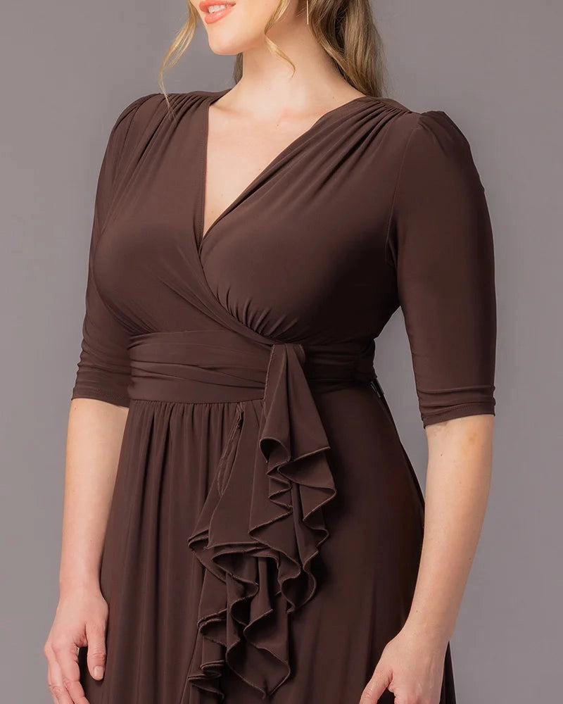 Elegant Wrap V‑Neck 3/4 Sleeve Ruffle‑Hem Floor‑Length Plus Size Wedding Guest Dress