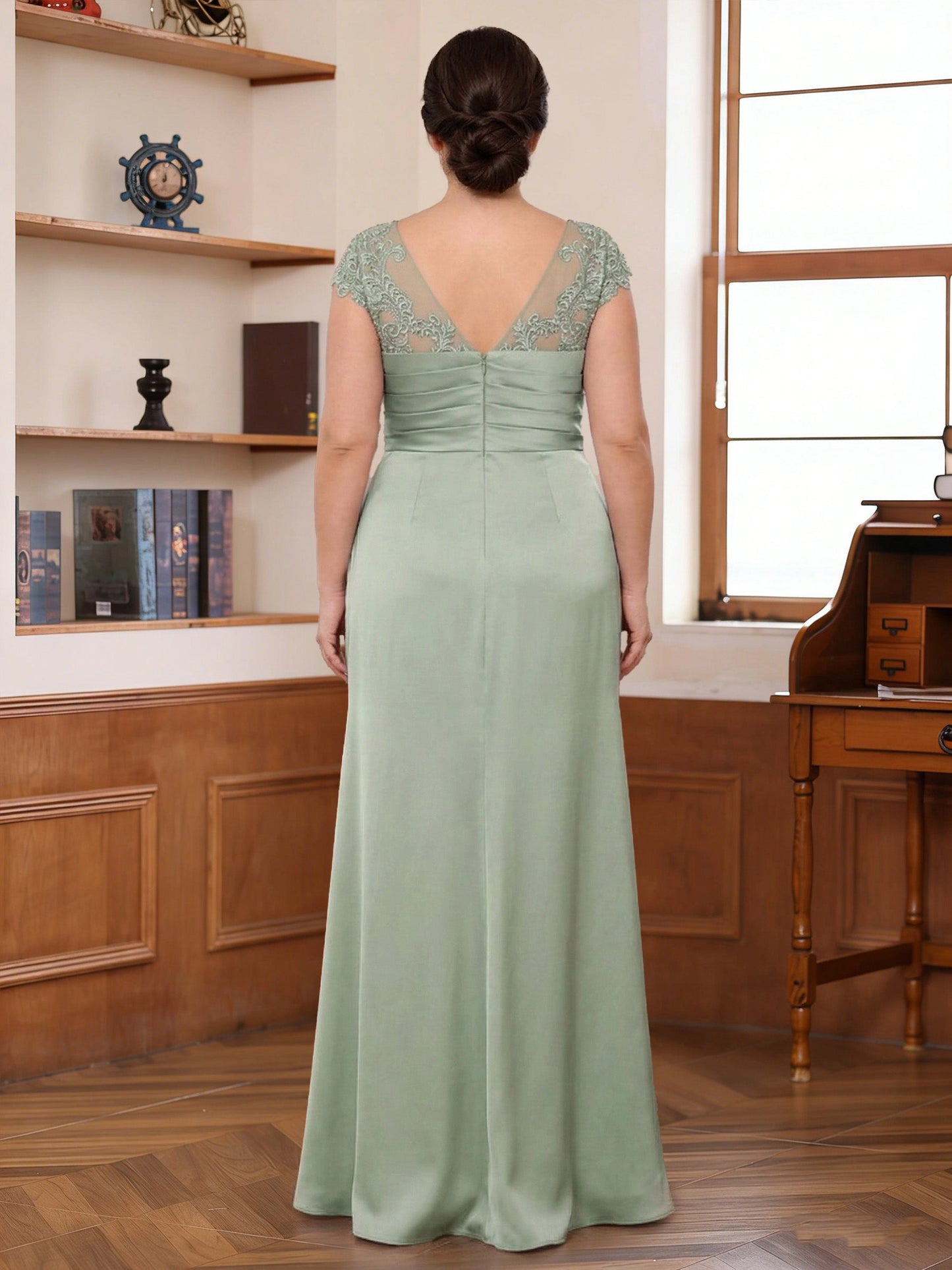 Roselledress outdoor formal dress sheer V lace back invisible zipper curvy mother of bride long gown back photo