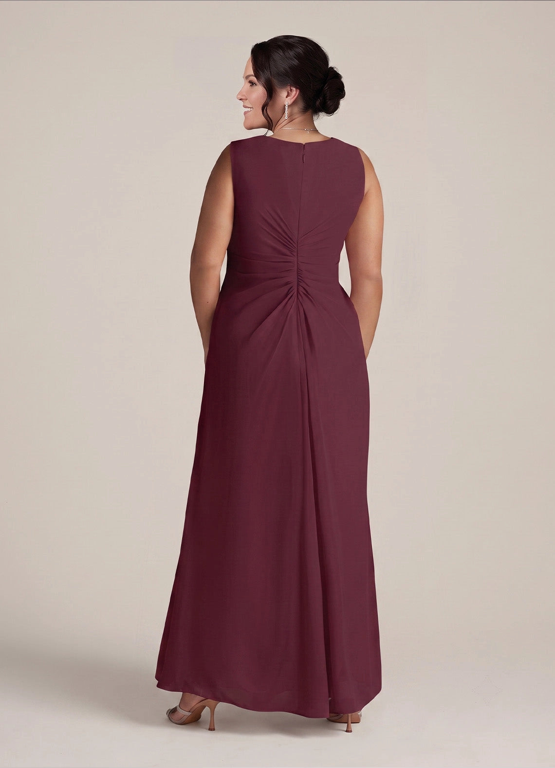 Elegant A-Line V-Neck Sleeveless Ruched-Zipper Back Floor-Length Plus Size Mother Of Bride Dress