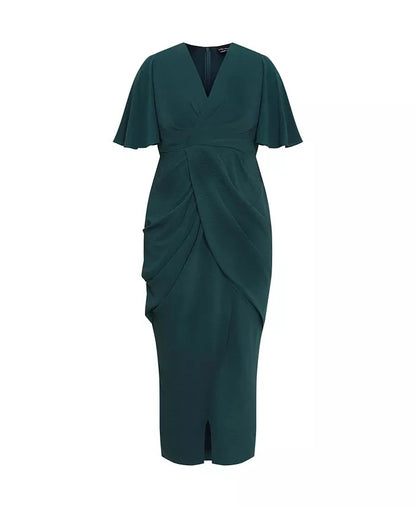 Roselledress Elegant Wrap‑Front Flutter‑Sleeve Zip‑Back Midi Plus Size Wedding Guest Dress