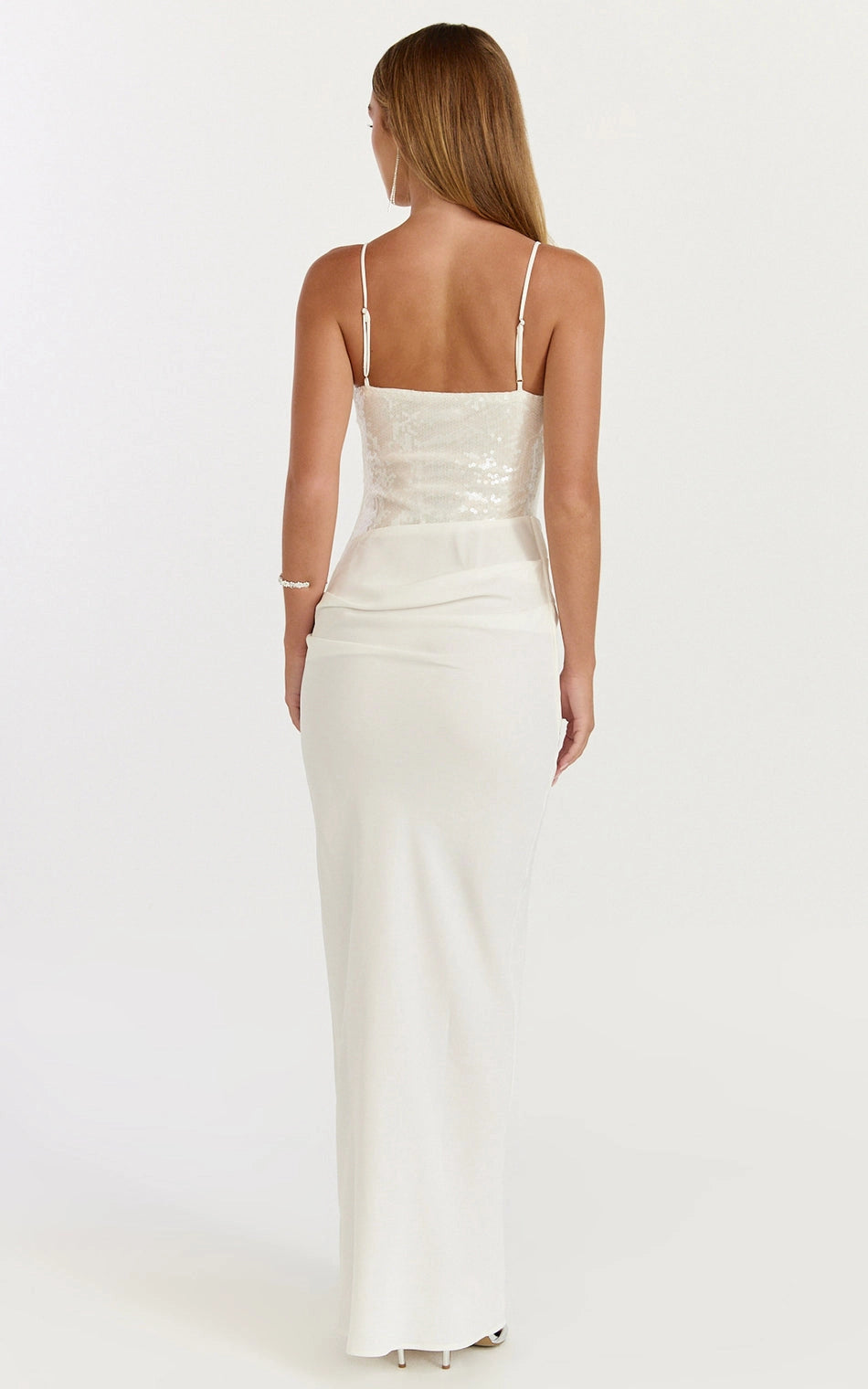 Glamorous Spaghetti Strap Square Back Adjustable Sequin Ruched Satin Plus Size Maxi Bridesmaid Dress